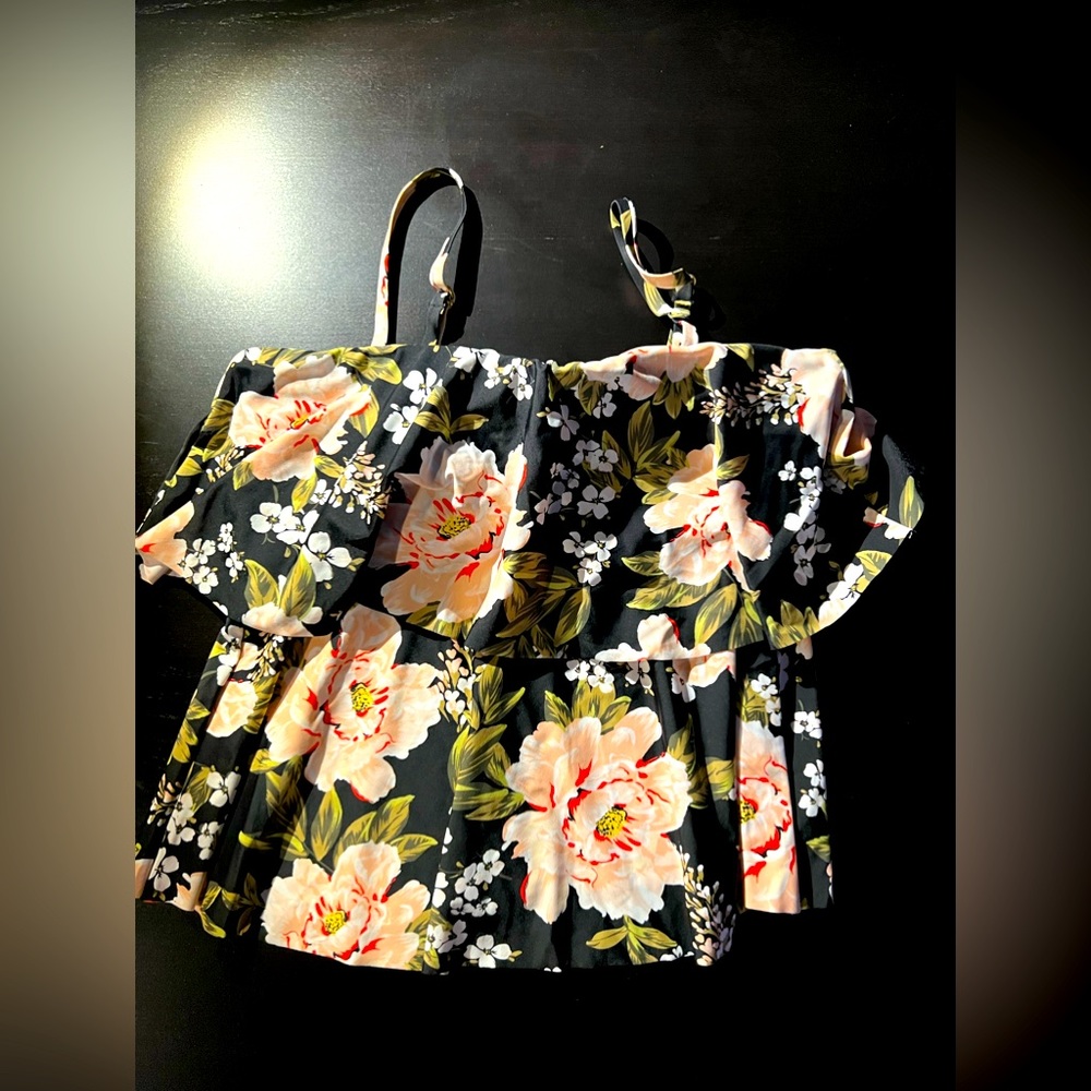 Kona Sol Tiered Bandeau Tankini Top, Black Floral, Large